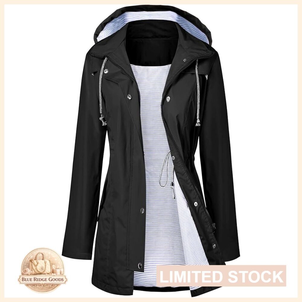 Waterproof Trench Coat Hooded Windbreaker Lined Travel Jacket Straight Fit